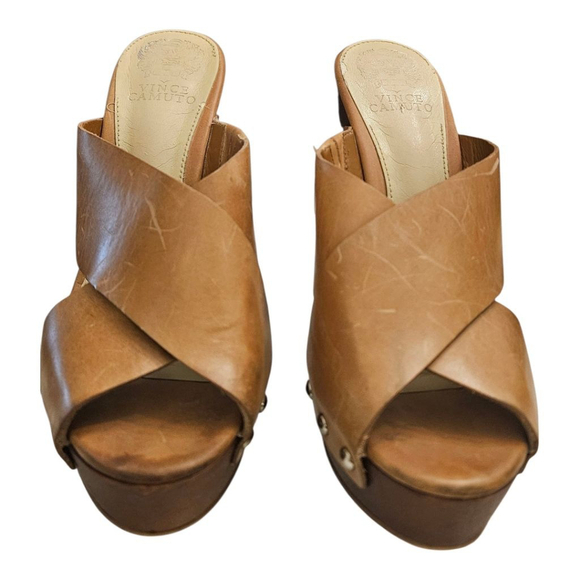 Vince Camuto Tan Leather Platform Heel Mules Size 9 - Picture 13 of 14